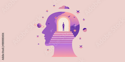 A human head silhouette containing a pathway to a glowing doorway within