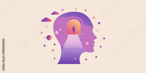 A purple human head silhouette revealing a pathway to inner exploration