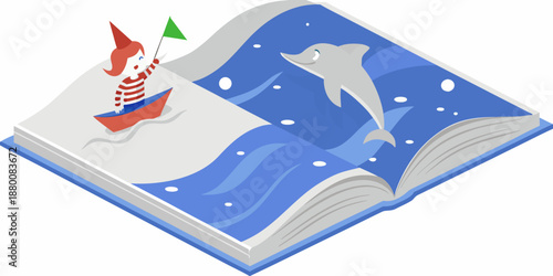 An open book reveals a vibrant scene of ocean adventures and playful creatures