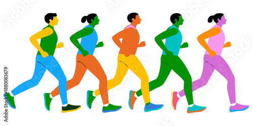 A colorful illustration depicting a group of people running in a line