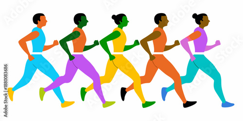 A colorful illustration depicting five people running in a linear arrangement