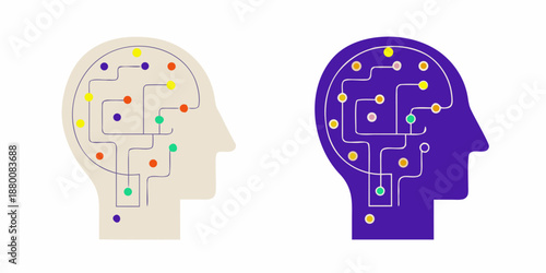 Human brain silhouettes with integrated circuit board patterns showing cognitive processes