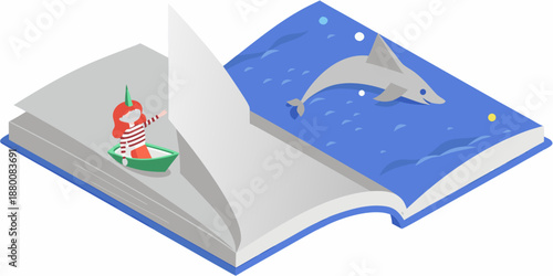 An open book depicts a vibrant underwater scene with a dolphin and boat
