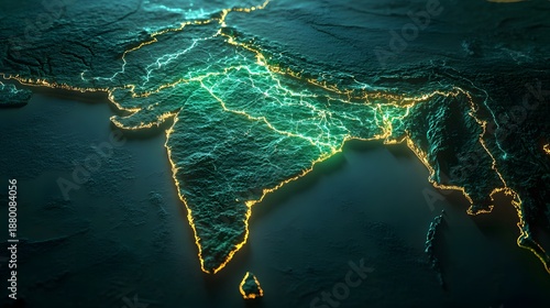 3D render showcases India's coastline illuminated with glowing electric lines, set against a dark oceanic background.