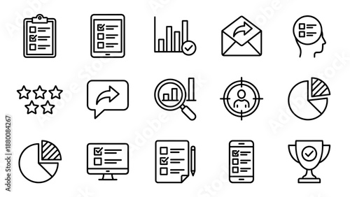 Survey and polling line icons set. Questionnaire form checklist. Customer feedback rating stars. Voting response. Data analysis chart. Market research opinion. Business evaluation.