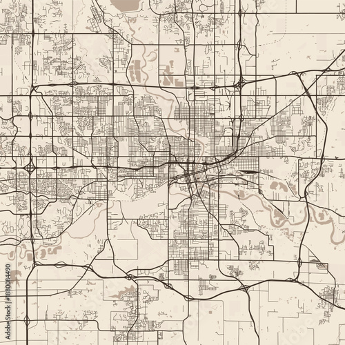 Des Moines City Map in this sepia hued image the cityscape unfolds in meticulous detail showcasing crisp clean lines and a harmonious interplay of buildings and streets, emphasizing refined linework.