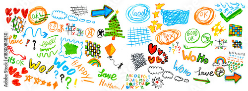 Hand drawn blue highlights, underlines and emphasis crayon elements. Blue pen check marks, ovals and school notebook vector shapes for hand drawn notes. Checkered paper sheet.