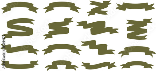 Olive green ribbon banner illustration set, vintage scroll labels, decorative award banners, flat design elements