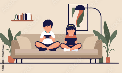 Children, a brother and sister using a smartphone and a tablet while sitting together on a comfortable sofa in their modern home. Kids screen time concept in flat design vector illustration