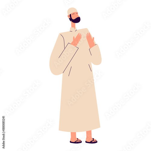 Bearded Muslim Man in Traditional Attire Showing Devotion