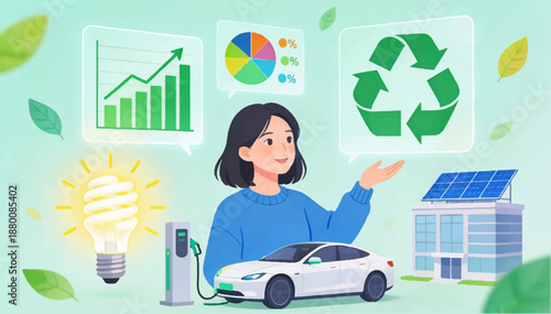 A flat vector illustration of a young woman is located in the center of the composition, indicating ways to promote good ecology_02.