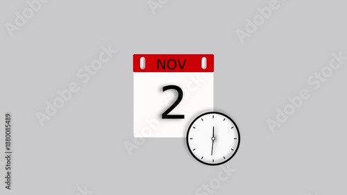 Calendar and clock icon November 2 date animation, on white background 4k video.