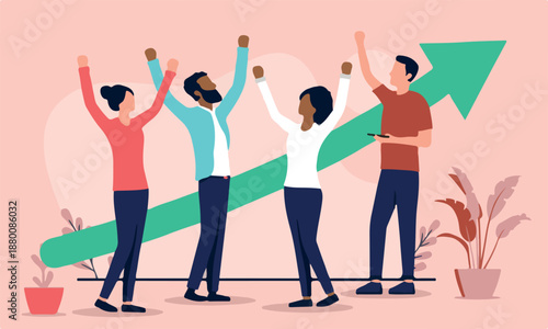Successful team of people - Group of four diverse characters cheering and celebrating success in front of green arrow pointing upwards. Success and growth concept, flat design vector illustration