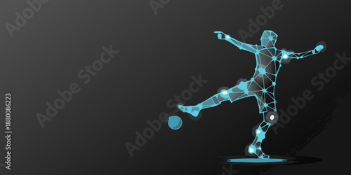 Futuristic soccer player depicted with a glowing polygonal wireframe on black background