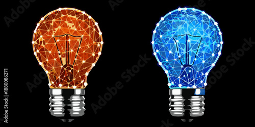 Dual glowing lightbulbs constructed from interconnected polygonal mesh on black