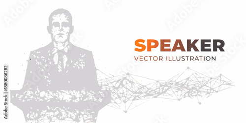 A stylized speaker illustration with a man in a suit and network design