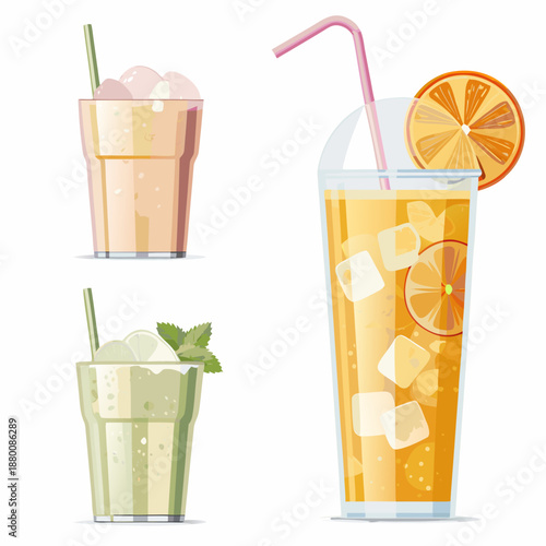 Refreshing summer drinks with ice fruit slices and colorful straws presented