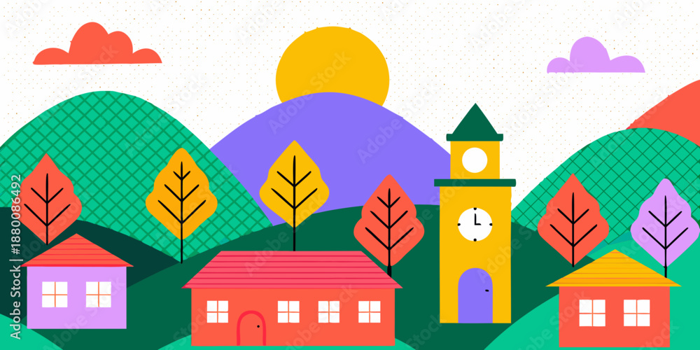Fototapeta premium Colorful illustration of a quaint village landscape with hills and a clock tower