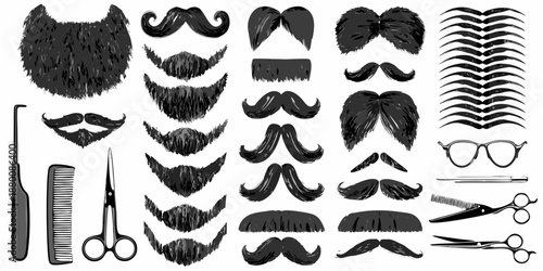 Variety of facial hair styles including mustaches and beards with grooming tools