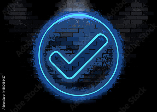 A glowing blue neon checkmark symbol against a dark brick wall background