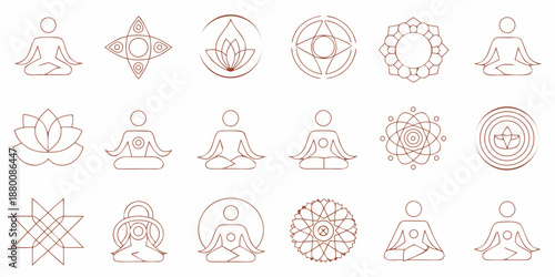 Minimalist line art icons depicting meditation spirituality and mindful practices