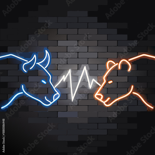 Neon bull and bear illustration facing each other with a stock chart
