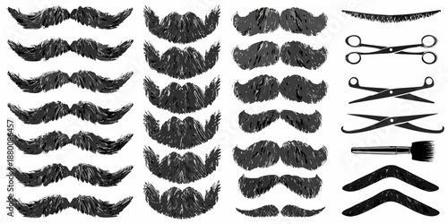 A collection of various mustache styles and barber tools displayed on white