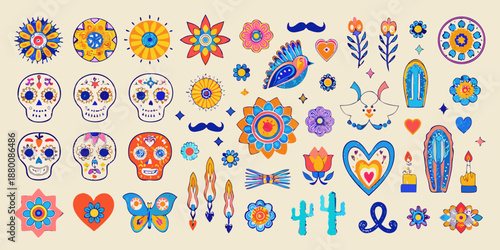 Colorful d a de los muertos illustrations skulls flowers and traditional decorative elements