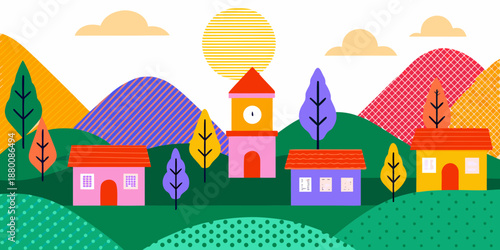 Colorful illustrated village scene with mountains sun and charming houses