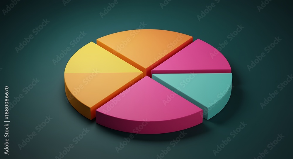 Obraz premium Colorful 3D pie chart divided into five sections on green background