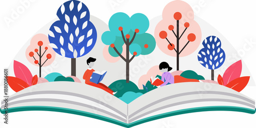An open book illustration with stylized trees and people reading