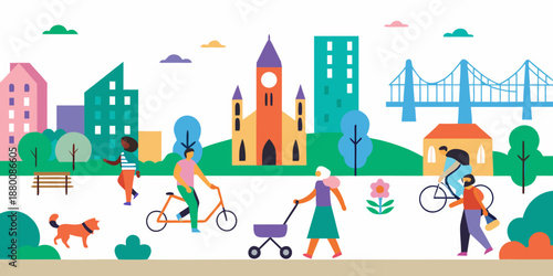 A vibrant cityscape scene with people enjoying outdoor activities in a park