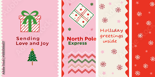 Festive christmas card design with gifts trees and holiday greetings