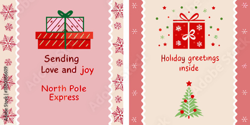 Festive christmas cards with gift illustrations and seasonal greetings displayed