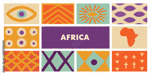 Colorful patterned squares surrounding the word africa in a grid layout