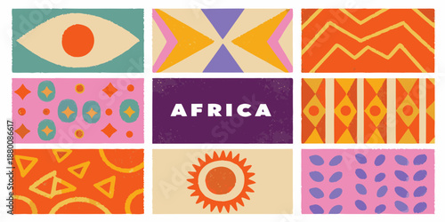 Colorful geometric patterns and the word africa in a grid arrangement
