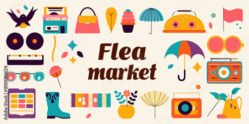 Colorful illustration depicting various objects associated with a flea market event