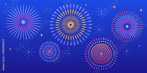 Vibrant colorful fireworks exploding in the night sky with dynamic patterns