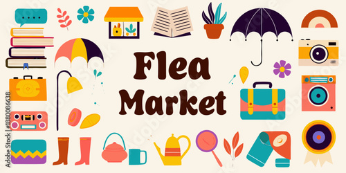 Colorful illustration displaying various objects associated with a flea market