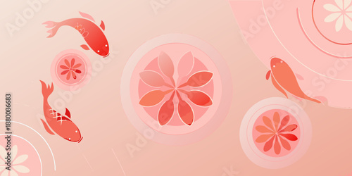 Elegant red koi fish swim amidst delicate pink floral and circular patterns