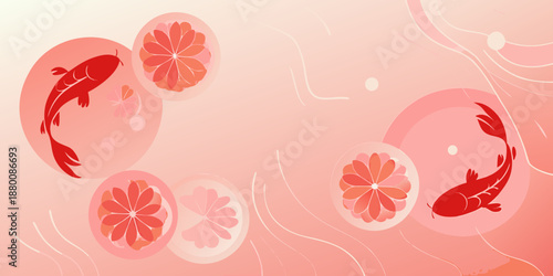 Elegant pink background featuring koi fish and delicate floral blossoms