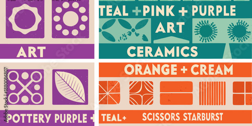 Colorful abstract art collage with geometric shapes text and floral elements