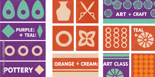 Colorful geometric patterns and art class promotional tiles in a grid layout