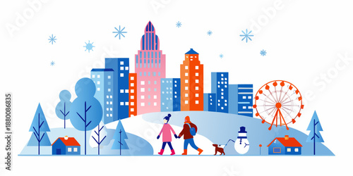 A winter cityscape with people walking a ferris wheel and snow