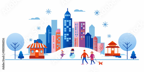 a colorful cartoon cityscape in winter with people and a dog