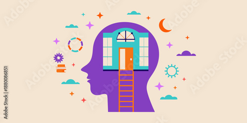 A purple brain silhouette contains a house ladder and celestial symbols