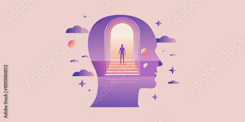 A person walking through an archway inside a silhouette of a human head