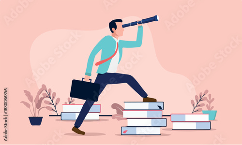 Businessman looking for information - Man with binocular searching and focusing on career and business. Flat design vector illustration