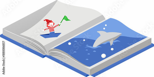 An open book displays a whimsical scene of a shark boat and gnome
