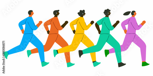 A group of diverse people are running together in a colorful illustration